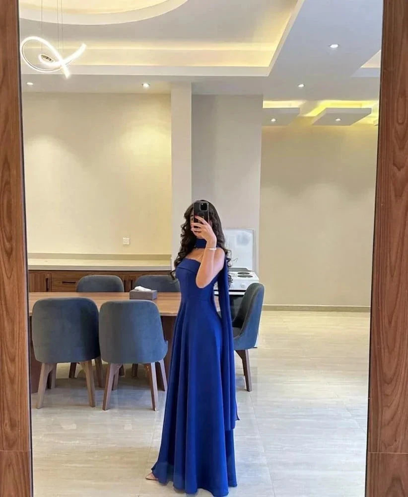 Classy A line Strapless Royal Blue Chiffon Long Prom Gown Summer Wedding Guest Dress Bridal Guest Dresses Wedding Outfits For Guest simple gentle atmospheric and unique desi Bring summer colors to enhance whiteness by YiHuiw