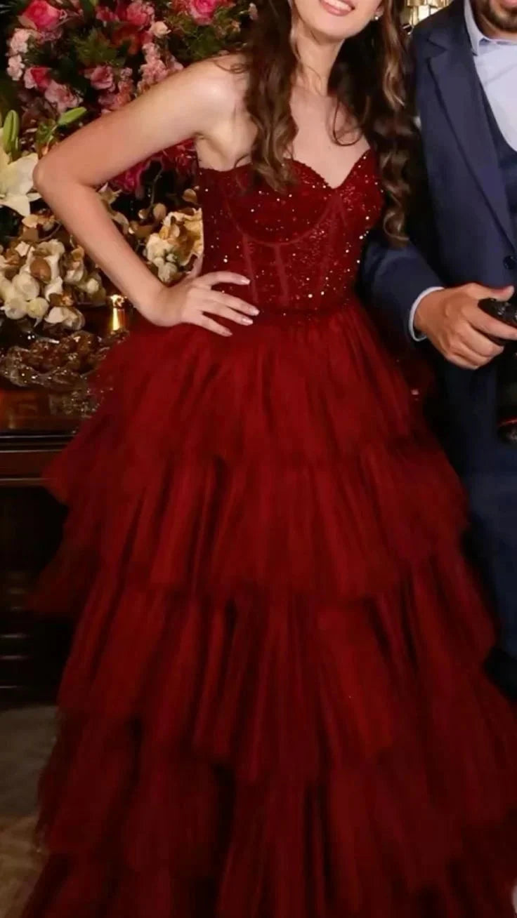 Classy Ball Gown Sweetheart Burgundy Long Formal Prom Gown Summer Wedding Guest Dress Bridal Guest Dresses Wedding Outfits For Guest by YiHuiw