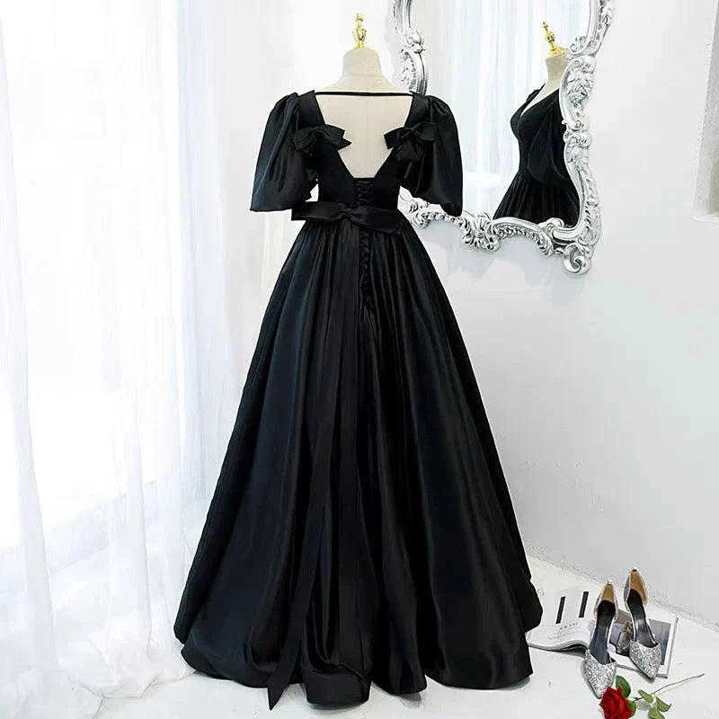 Classy Black Prom Dress Formal Dresses with Bubble Sleeves simple gentle atmospheric and unique desi Bring summer colors to enhance whiteness by YiHuiw