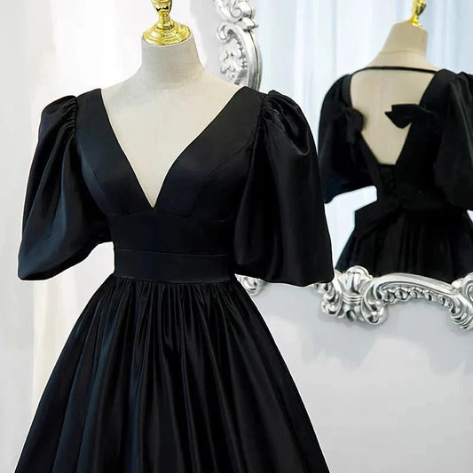 Classy Black Prom Dress Formal Dresses with Bubble Sleeves simple gentle atmospheric and unique desi Bring summer colors to enhance whiteness by YiHuiw