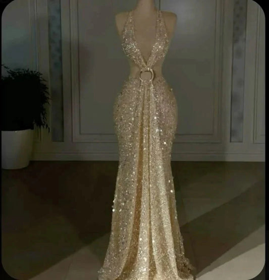 Classy Mermaid Halter Sleeveless Sequin Prom Dresses Summer Wedding Guest Dresses Wedding Guest Outfits simple gentle atmospheric and unique desi Bring summer colors to enhance whiteness by YiHuiw