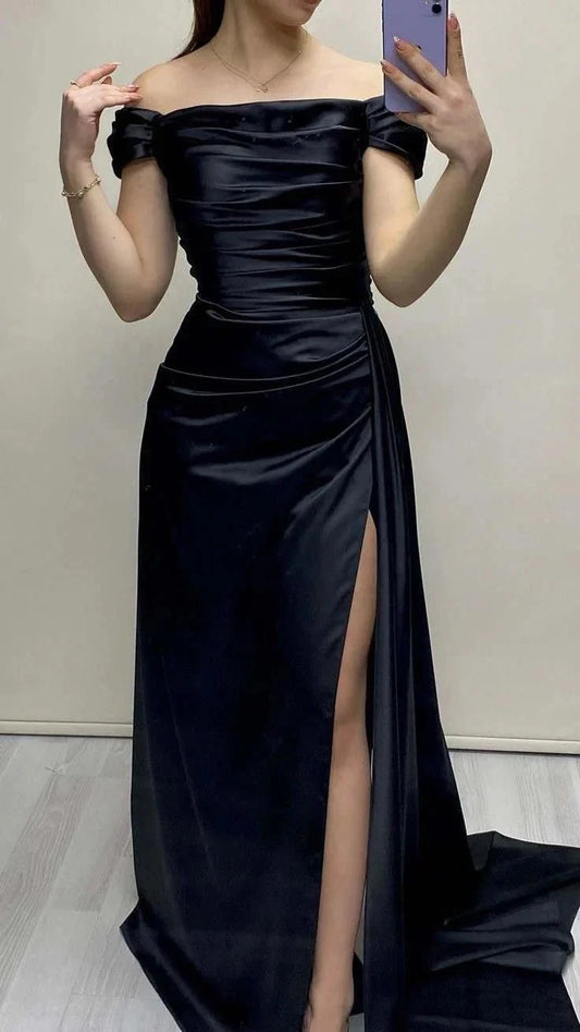 Classy Mermaid Off The Shoulder Black Slit Formal Long Prom Gown Summer Wedding Guest Dress Bridal Guest Dresses Wedding Outfits For Guest simple gentle atmospheric and unique desi Bring summer colors to enhance whiteness by YiHuiw
