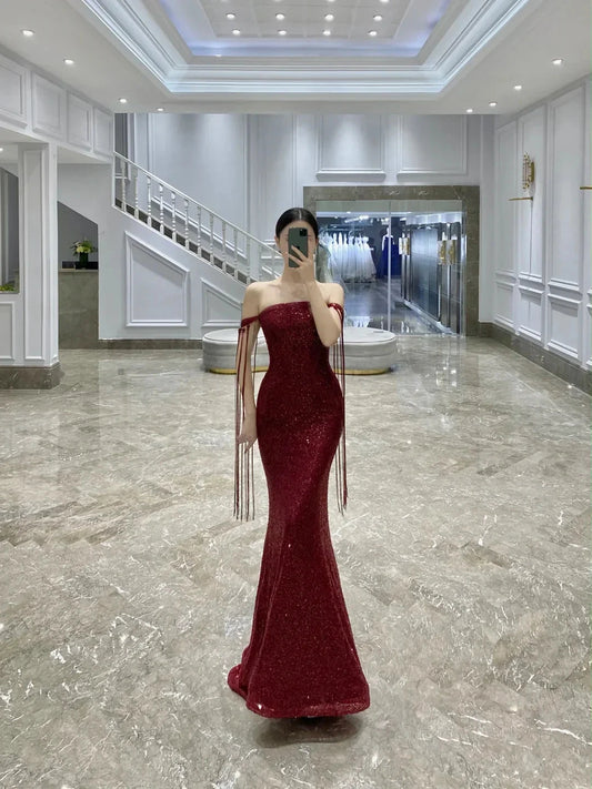 Classy Mermaid Off The Shoulder Burgundy Long Prom Dresses Formal Gown Summer Wedding Guest Dress Wedding Outfits For Guest simple gentle atmospheric and unique desi Bring summer colors to enhance whiteness by YiHuiw