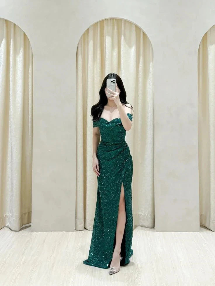 Classy Mermaid Off The Shoulder Dark Green Sequin Slit Long Prom Gown Summer Wedding Guest Dress Bridal Guest Dresses Wedding Outfits For Guest simple gentle atmospheric and unique desi Bring summer colors to enhance whiteness by YiHuiw