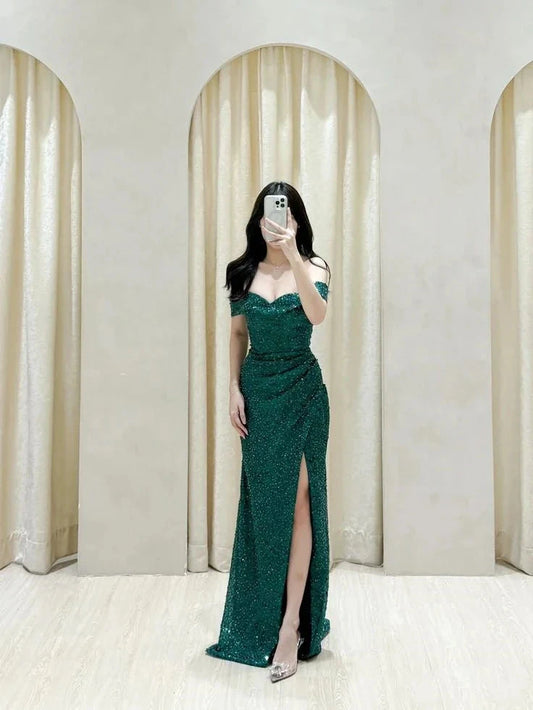 Classy Mermaid Off The Shoulder Dark Green Sequin Slit Long Prom Gown Summer Wedding Guest Dress Bridal Guest Dresses Wedding Outfits For Guest simple gentle atmospheric and unique desi Bring summer colors to enhance whiteness by YiHuiw