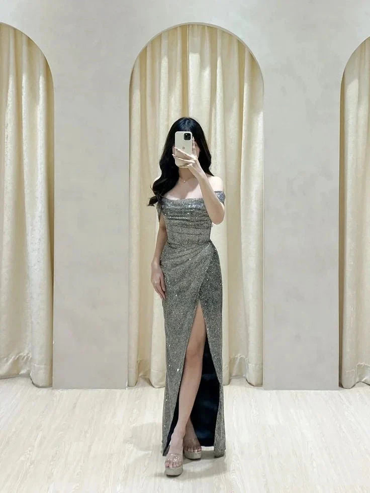 Classy Mermaid Off The Shoulder Gray Sequin Long Prom Dresses Formal Gown Summer Wedding Guest Dress Wedding Guest Attire simple gentle atmospheric and unique desi Bring summer colors to enhance whiteness by YiHuiw