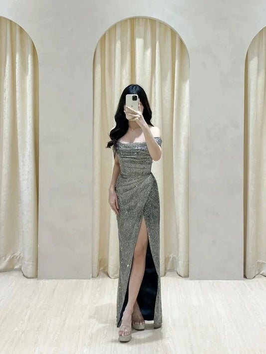 Classy Mermaid Off The Shoulder Gray Sequin Long Prom Dresses Formal Gown Summer Wedding Guest Dress Wedding Guest Attire simple gentle atmospheric and unique desi Bring summer colors to enhance whiteness by YiHuiw