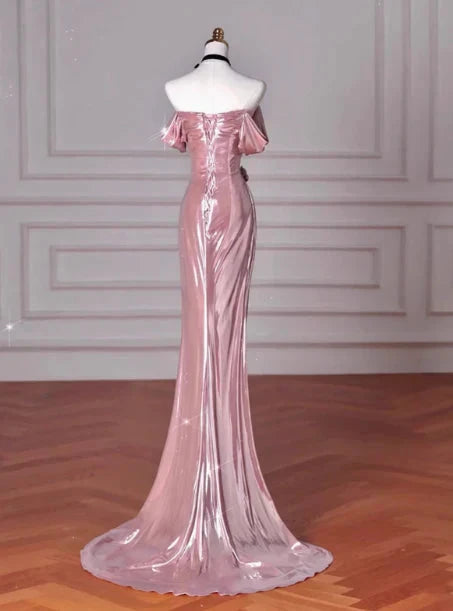 Classy Mermaid Off The Shoulder Pink Sequin Long Prom Dresses Formal Gown Summer Wedding Guest Dresses Wedding Guest Outfit simple gentle atmospheric and unique desi Bring summer colors to enhance whiteness by YiHuiw