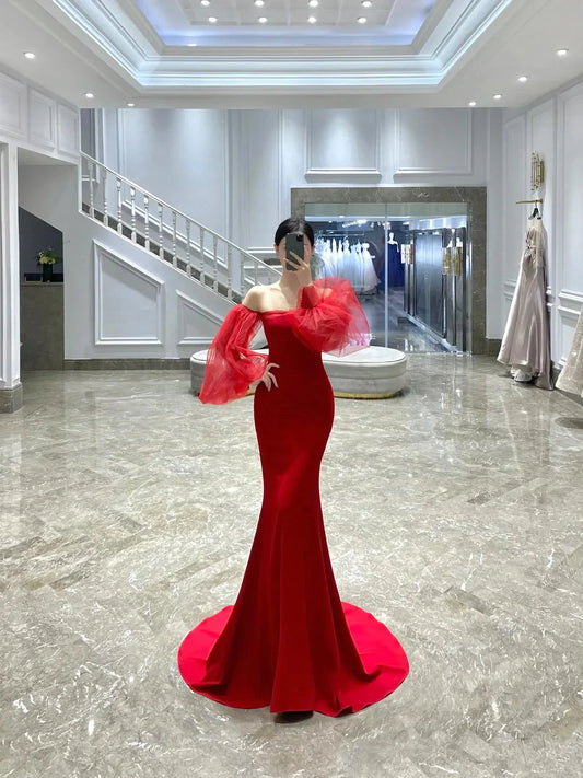 Classy Mermaid Off The Shoulder Red Long Prom Dresses Formal Gown Summer Wedding Guest Dress Wedding Outfits For Guest simple gentle atmospheric and unique desi Bring summer colors to enhance whiteness by YiHuiw