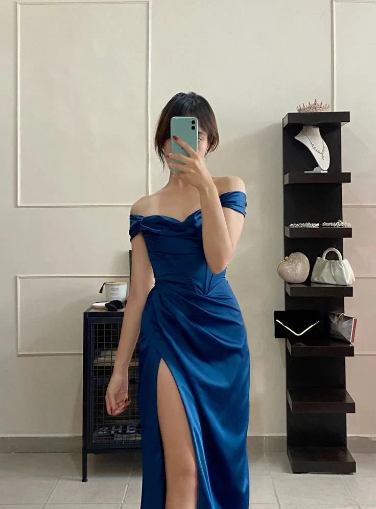 Classy Mermaid Off The Shoulder Royal Blue Slit Long Prom Gown Summer Wedding Guest Dress Bridal Guest Dresses Wedding Outfits For Guest simple gentle atmospheric and unique desi Bring summer colors to enhance whiteness by YiHuiw