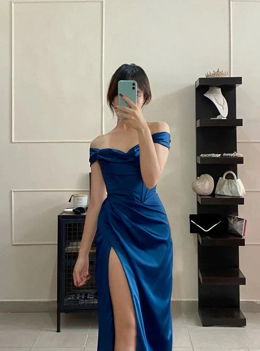 Classy Mermaid Off The Shoulder Royal Blue Slit Long Prom Gown Summer Wedding Guest Dress Bridal Guest Dresses Wedding Outfits For Guest simple gentle atmospheric and unique desi Bring summer colors to enhance whiteness by YiHuiw
