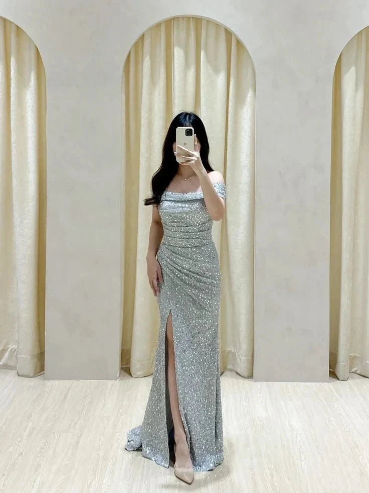 Classy Mermaid Off The Shoulder Silver Sequin Slit Long Prom Gown Summer Wedding Guest Dress Bridal Guest Dresses Wedding Outfits For Guest simple gentle atmospheric and unique desi Bring summer colors to enhance whiteness by YiHuiw