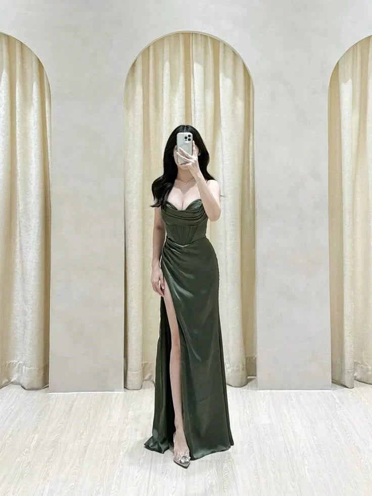 Classy Mermaid Spaghetti Straps Olive Green Slit Ruffles Long Prom Gown Summer Wedding Guest Dress Bridal Guest Dresses Wedding Outfits For Guest simple gentle atmospheric and unique desi Bring summer colors to enhance whiteness by YiHuiw