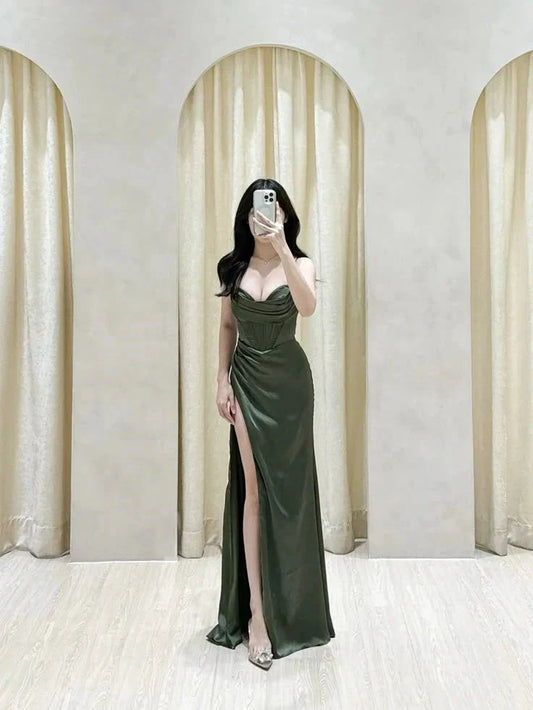 Classy Mermaid Spaghetti Straps Olive Green Slit Ruffles Long Prom Gown Summer Wedding Guest Dress Bridal Guest Dresses Wedding Outfits For Guest simple gentle atmospheric and unique desi Bring summer colors to enhance whiteness by YiHuiw