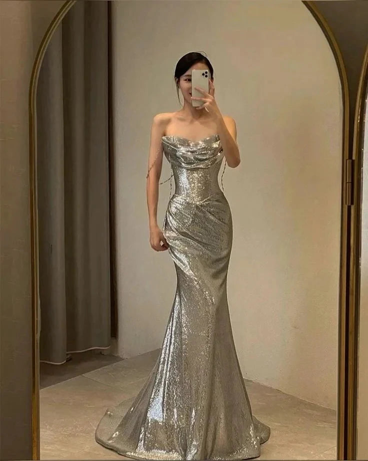 Classy Mermaid Strapless Silver Sequin Long Prom Gown Summer Wedding Guest Dress Bridal Guest Dresses Wedding Outfits For Guest simple gentle atmospheric and unique desi Bring summer colors to enhance whiteness by YiHuiw