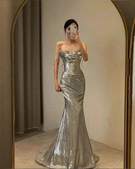 Classy Mermaid Strapless Silver Sequin Long Prom Gown Summer Wedding Guest Dress Bridal Guest Dresses Wedding Outfits For Guest simple gentle atmospheric and unique desi Bring summer colors to enhance whiteness by YiHuiw
