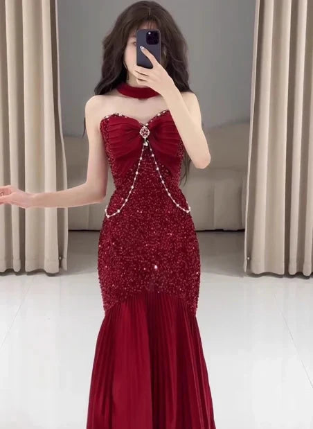 Classy Mermaid Sweetheart Red Sequin Long Prom Dresses Formal Gown Summer Wedding Guest Dresses Wedding Guest Outfit simple gentle atmospheric and unique desi Bring summer colors to enhance whiteness by YiHuiw