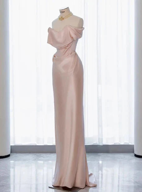 Classy Sheath Off The Shoulder Pink Satin Long Prom Dresses Formal Gown Summer Wedding Guest Dresses Wedding Guest Outfit simple gentle atmospheric and unique desi Bring summer colors to enhance whiteness by YiHuiw