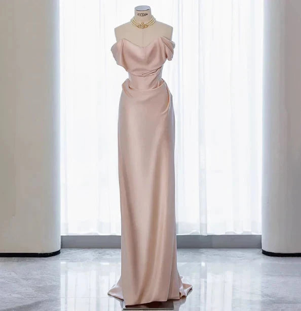 Classy Sheath Off The Shoulder Pink Satin Long Prom Dresses Formal Gown Summer Wedding Guest Dresses Wedding Guest Outfit simple gentle atmospheric and unique desi Bring summer colors to enhance whiteness by YiHuiw
