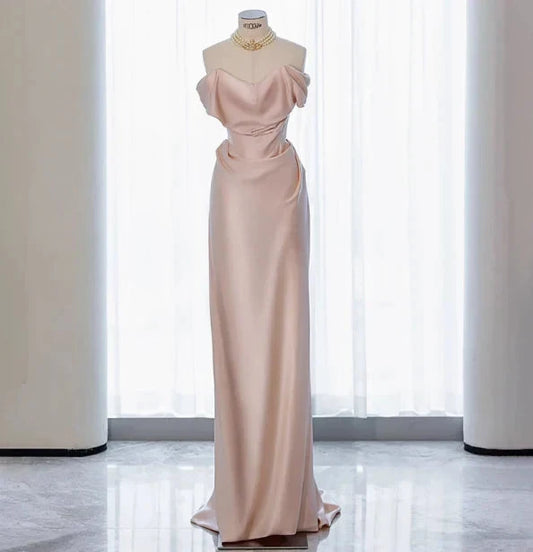 Classy Sheath Off The Shoulder Pink Satin Long Prom Dresses Formal Gown Summer Wedding Guest Dresses Wedding Guest Outfit simple gentle atmospheric and unique desi Bring summer colors to enhance whiteness by YiHuiw