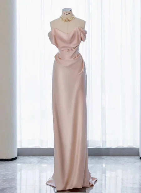 Classy Sheath Off The Shoulder Pink Satin Long Prom Dresses Formal Gown Summer Wedding Guest Dresses Wedding Guest Outfit simple gentle atmospheric and unique desi Bring summer colors to enhance whiteness by YiHuiw
