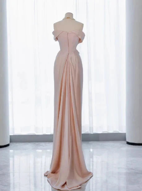Classy Sheath Off The Shoulder Pink Satin Long Prom Dresses Formal Gown Summer Wedding Guest Dresses Wedding Guest Outfit simple gentle atmospheric and unique desi Bring summer colors to enhance whiteness by YiHuiw