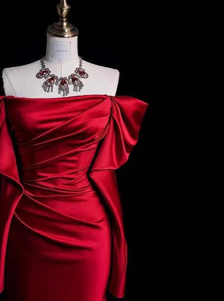 Classy Sheath Off The Shoulder Red Satin Long Prom Dresses Formal Gown Summer Wedding Guest Dresses Wedding Guest Outfit simple gentle atmospheric and unique desi Bring summer colors to enhance whiteness by YiHuiw