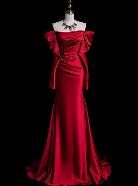 Classy Sheath Off The Shoulder Red Satin Long Prom Dresses Formal Gown Summer Wedding Guest Dresses Wedding Guest Outfit simple gentle atmospheric and unique desi Bring summer colors to enhance whiteness by YiHuiw