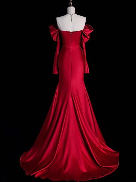 Classy Sheath Off The Shoulder Red Satin Long Prom Dresses Formal Gown Summer Wedding Guest Dresses Wedding Guest Outfit simple gentle atmospheric and unique desi Bring summer colors to enhance whiteness by YiHuiw