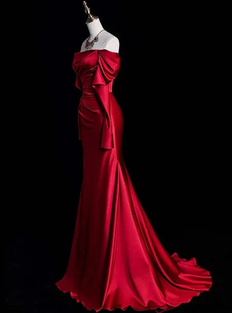 Classy Sheath Off The Shoulder Red Satin Long Prom Dresses Formal Gown Summer Wedding Guest Dresses Wedding Guest Outfit simple gentle atmospheric and unique desi Bring summer colors to enhance whiteness by YiHuiw