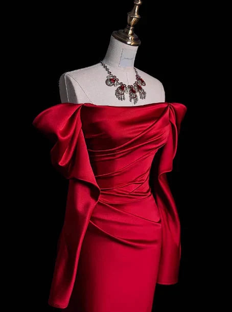 Classy Sheath Off The Shoulder Red Satin Long Prom Dresses Formal Gown Summer Wedding Guest Dresses Wedding Guest Outfit simple gentle atmospheric and unique desi Bring summer colors to enhance whiteness by YiHuiw