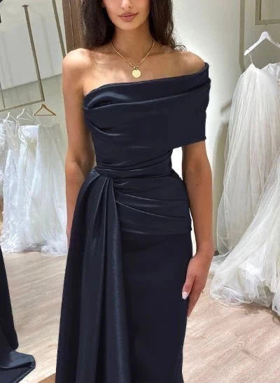 Classy Sheath Off The Shoulder Satin Navy Blue Prom Dresses Summer Wedding Guest Dresses Wedding Guest Outfits simple gentle atmospheric and unique desi Bring summer colors to enhance whiteness by YiHuiw
