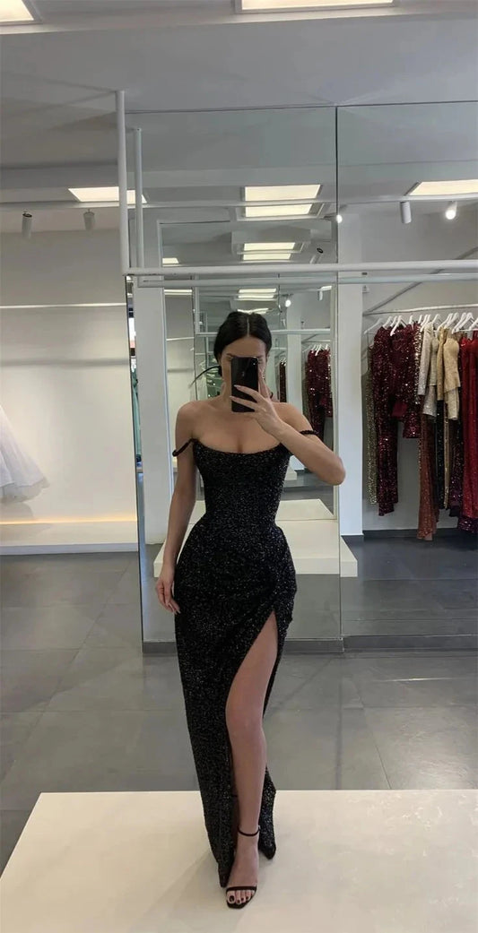 Classy Sheath Off The Shoulder Sequin Slit Prom Dresses Black Summer Wedding Guest Dresses Wedding Guest Outfits simple gentle atmospheric and unique desi Bring summer colors to enhance whiteness by YiHuiw