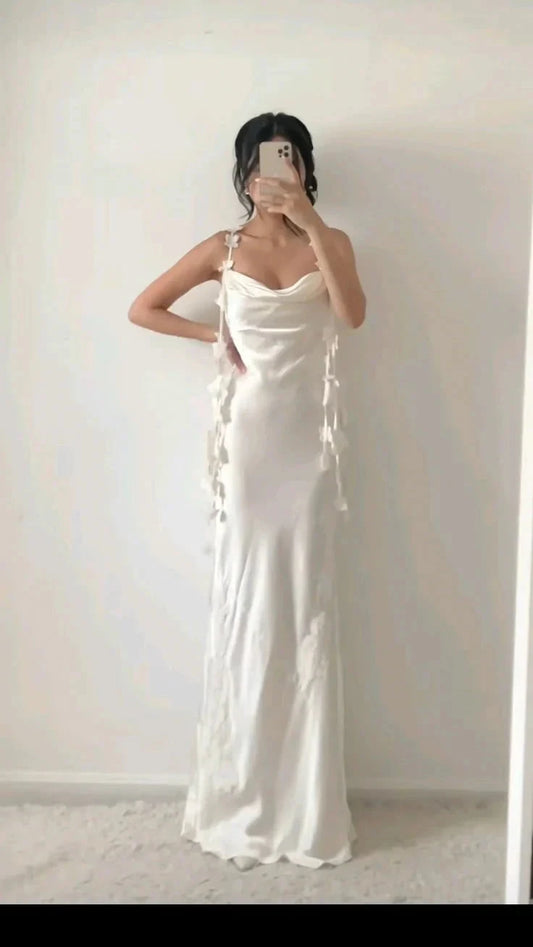 Classy Sheath Spaghetti Straps White Satin Formal Long Prom Gown Summer Wedding Guest Dress Bridal Guest Dresses Wedding Outfits For Guest simple gentle atmospheric and unique desi Bring summer colors to enhance whiteness by YiHuiw