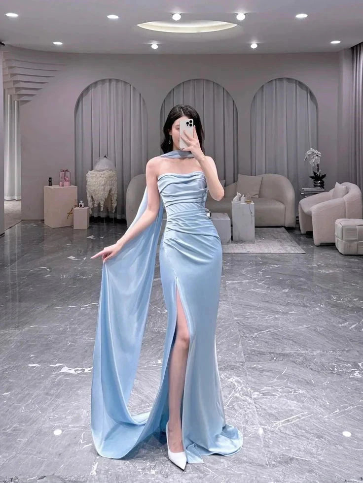 Classy Sheath Strapless Light Sky Blue Slit Ruffles Long Prom Gown Summer Wedding Guest Dress Bridal Guest Dresses Wedding Outfits For Guest simple gentle atmospheric and unique desi Bring summer colors to enhance whiteness by YiHuiw