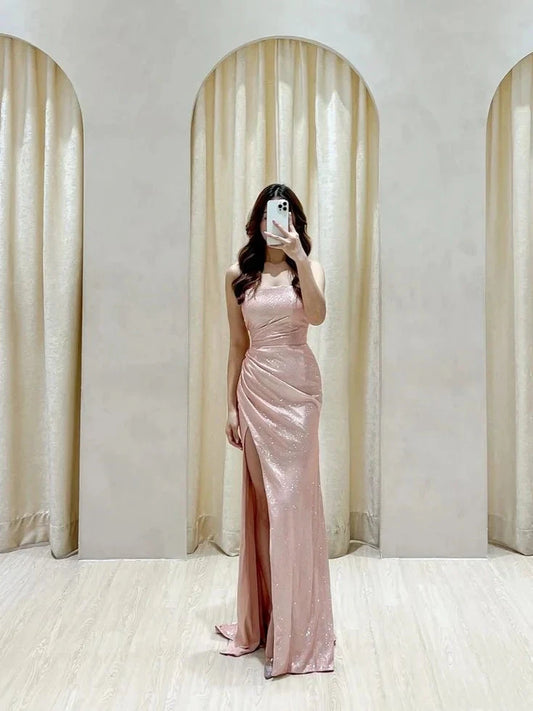 Classy Sheath Strapless Sequin Pink Slit Long Prom Gown Summer Wedding Guest Dress Bridal Guest Dresses Wedding Outfits For Guest simple gentle atmospheric and unique desi Bring summer colors to enhance whiteness by YiHuiw