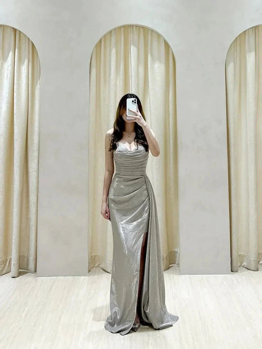 Classy Sheath Sweetheart Sequin Silver Slit Long Prom Gown Summer Wedding Guest Dress Bridal Guest Dresses Wedding Outfits For Guest simple gentle atmospheric and unique desi Bring summer colors to enhance whiteness by YiHuiw