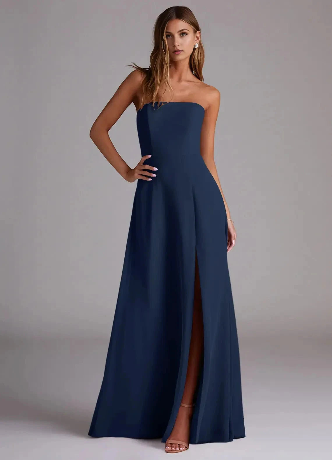 Clean A Line Strapless Sleeveless Open Back High Slit Floor Length Female Evening Dress by YiHuiw