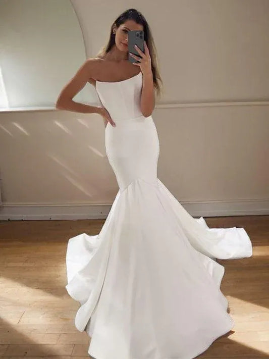 Mermaid Strapless Satin Floor-Length Wedding Dress - Yihuiw by Yihuiw
