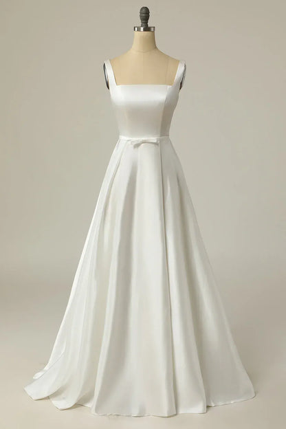 A-Line Square Neck Satin Train Mini Wedding Dress - Yihuiw by Yihuiw