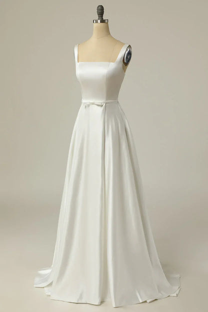 A-Line Square Neck Satin Train Mini Wedding Dress - Yihuiw by Yihuiw