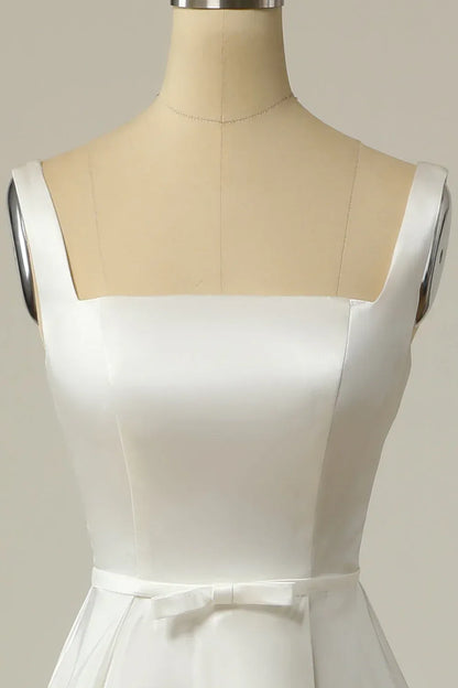A-Line Square Neck Satin Train Mini Wedding Dress - Yihuiw by Yihuiw