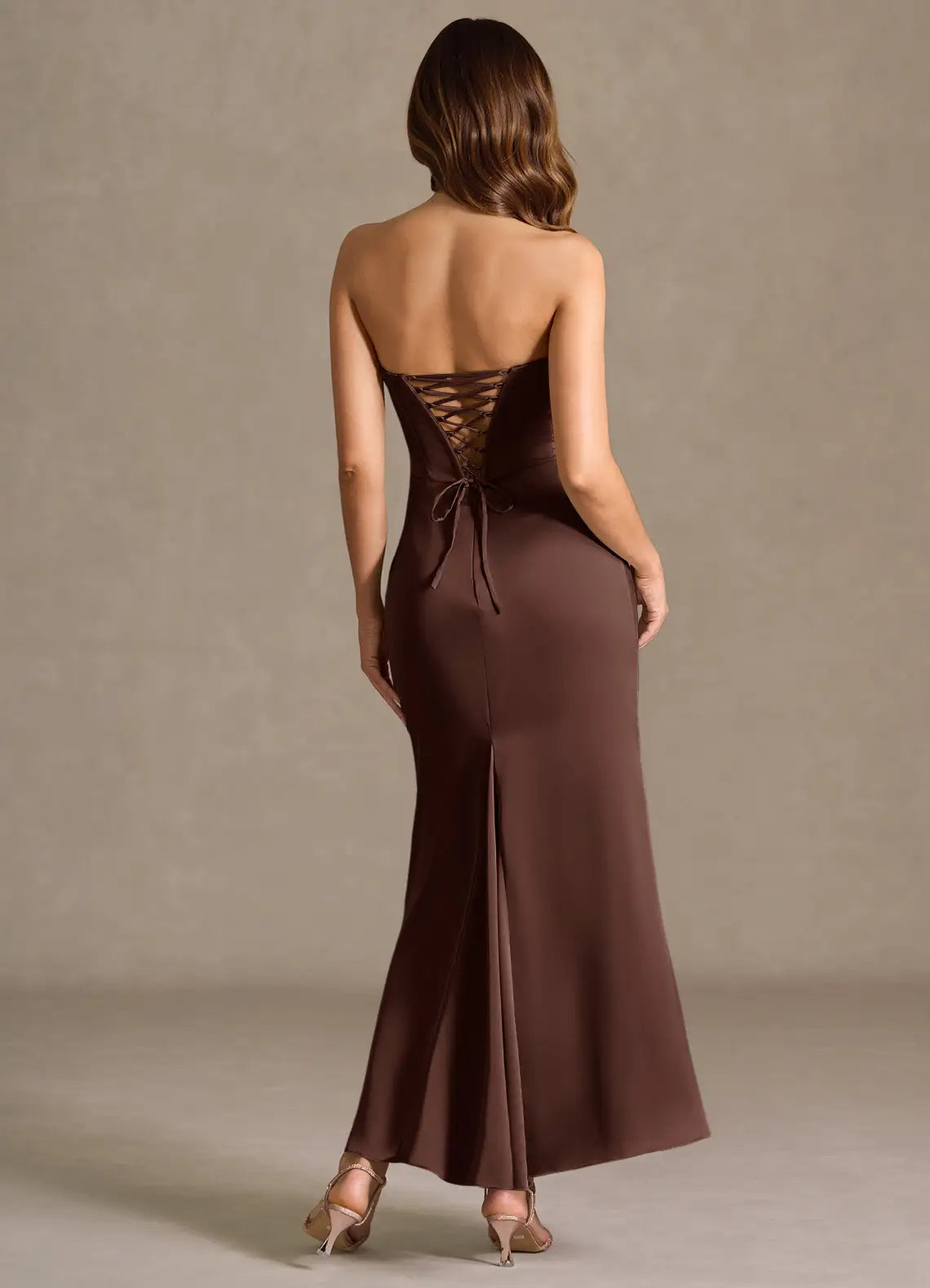 Strapless Satin Lace-Up Back Ruched Midi Wedding Dress - Yihuiw by Yihuiw