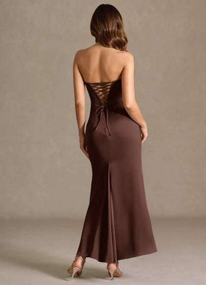 Strapless Satin Lace-Up Back Ruched Midi Wedding Dress - Yihuiw by Yihuiw