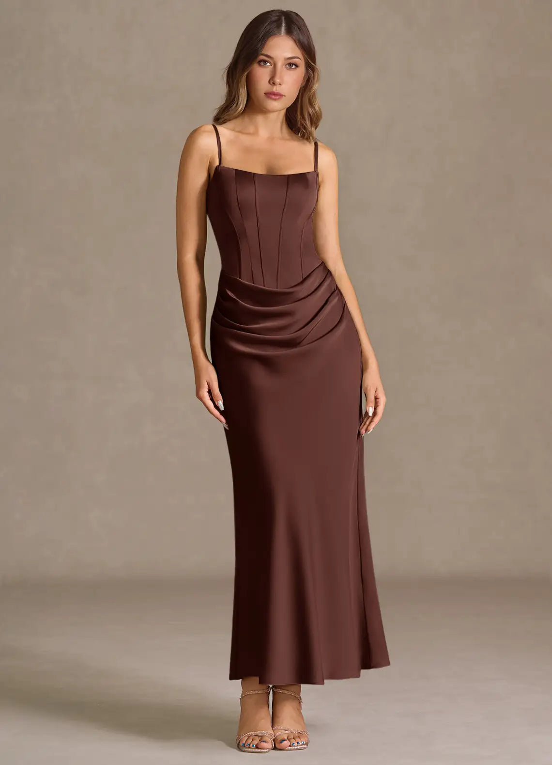 Strapless Satin Lace-Up Back Ruched Midi Wedding Dress - Yihuiw by Yihuiw