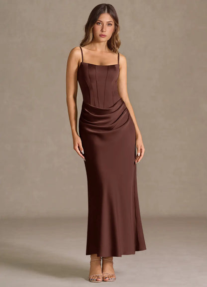 Strapless Satin Lace-Up Back Ruched Midi Wedding Dress - Yihuiw by Yihuiw