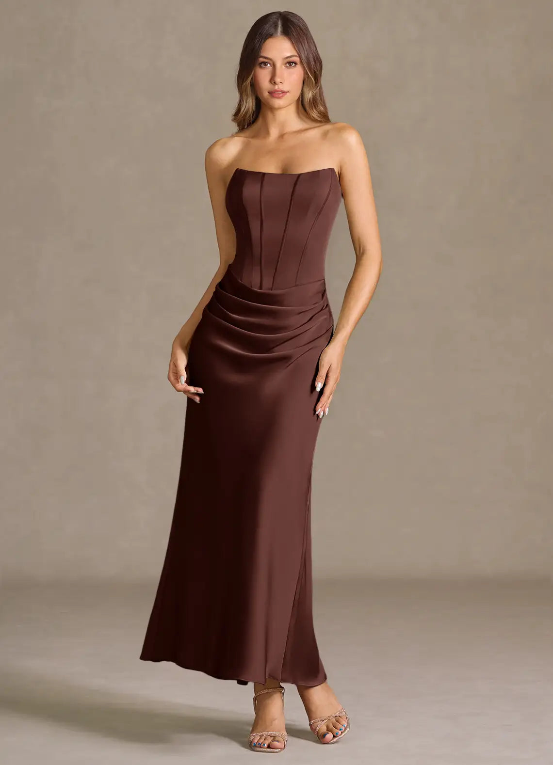 Strapless Satin Lace-Up Back Ruched Midi Wedding Dress - Yihuiw by Yihuiw