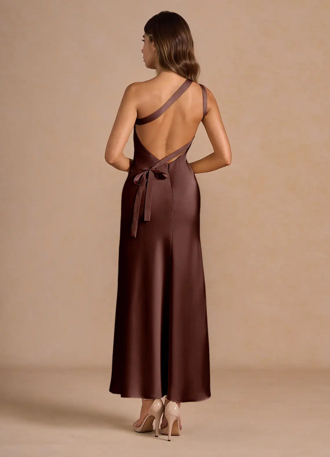 One-Shoulder Satin High Slit Midi Wedding Dress - Yihuiw by Yihuiw