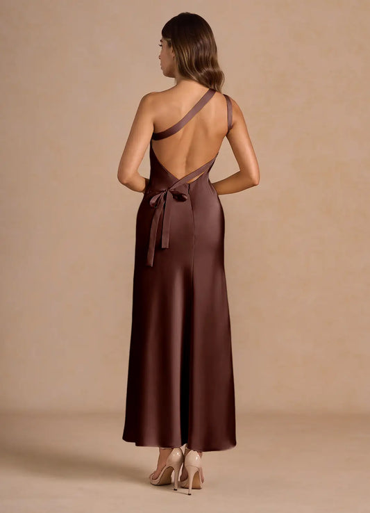 One-Shoulder Satin High Slit Midi Wedding Dress - Yihuiw by Yihuiw