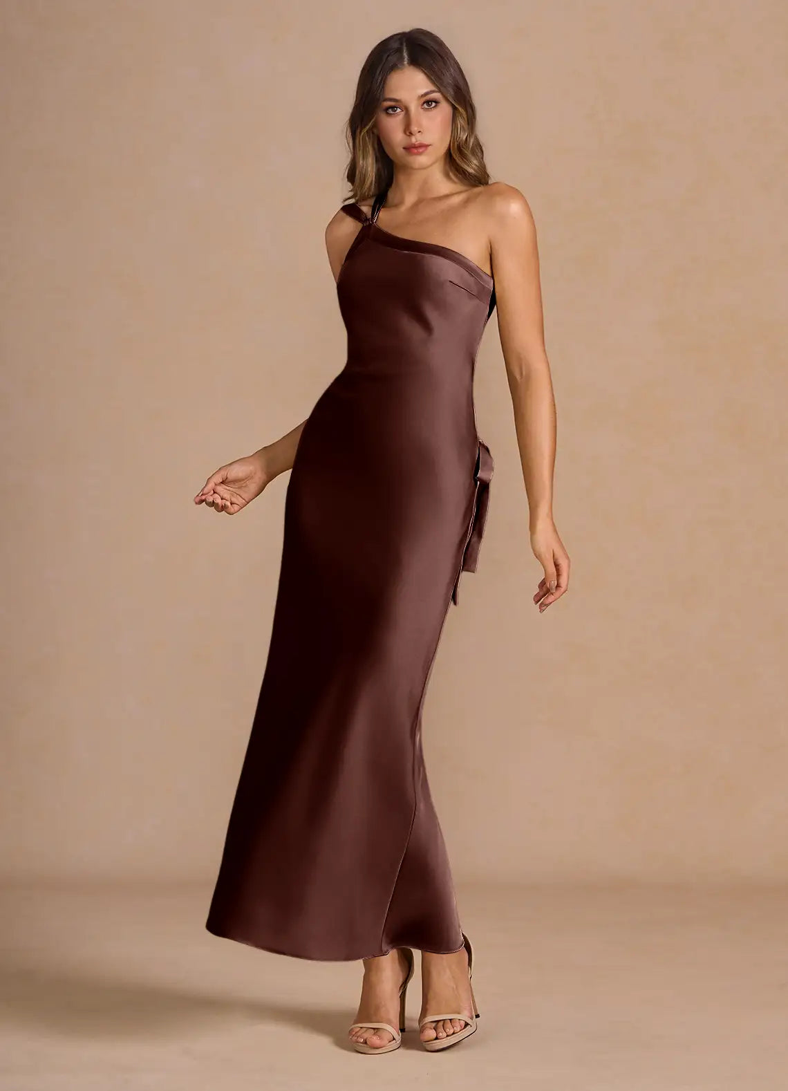 One-Shoulder Satin High Slit Midi Wedding Dress - Yihuiw by Yihuiw